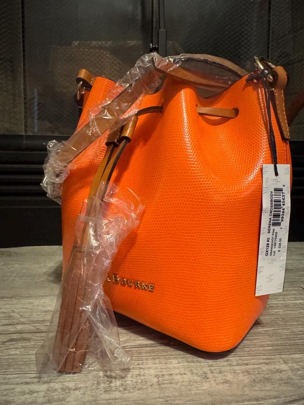NWT Dooney Bourke Serena Embossed Leather orange pink drawstring bucket purse